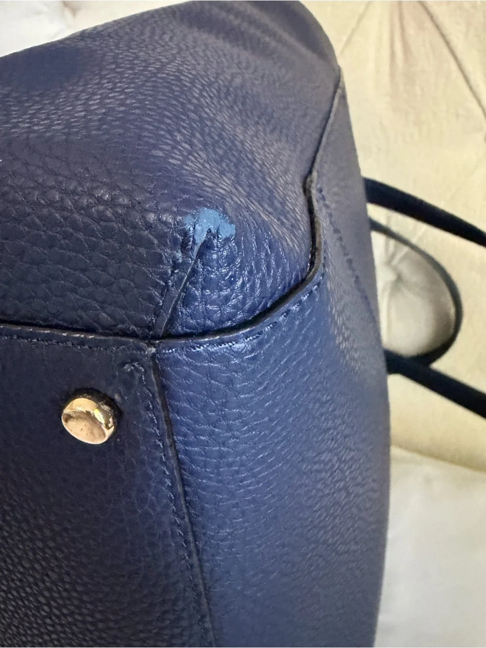 kate spade pebbled leather tote in navy with gold logo